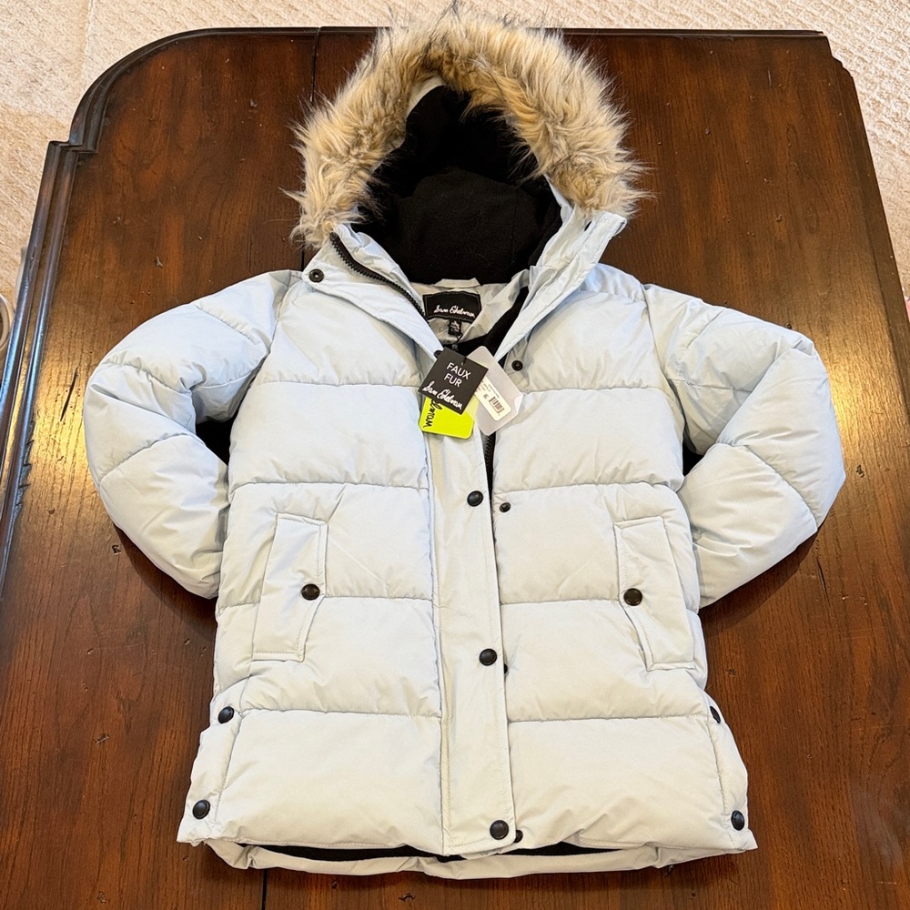 Girls Sam Edelman Pale Blue Faux Fur Trim Hooded Puffer Jacket
